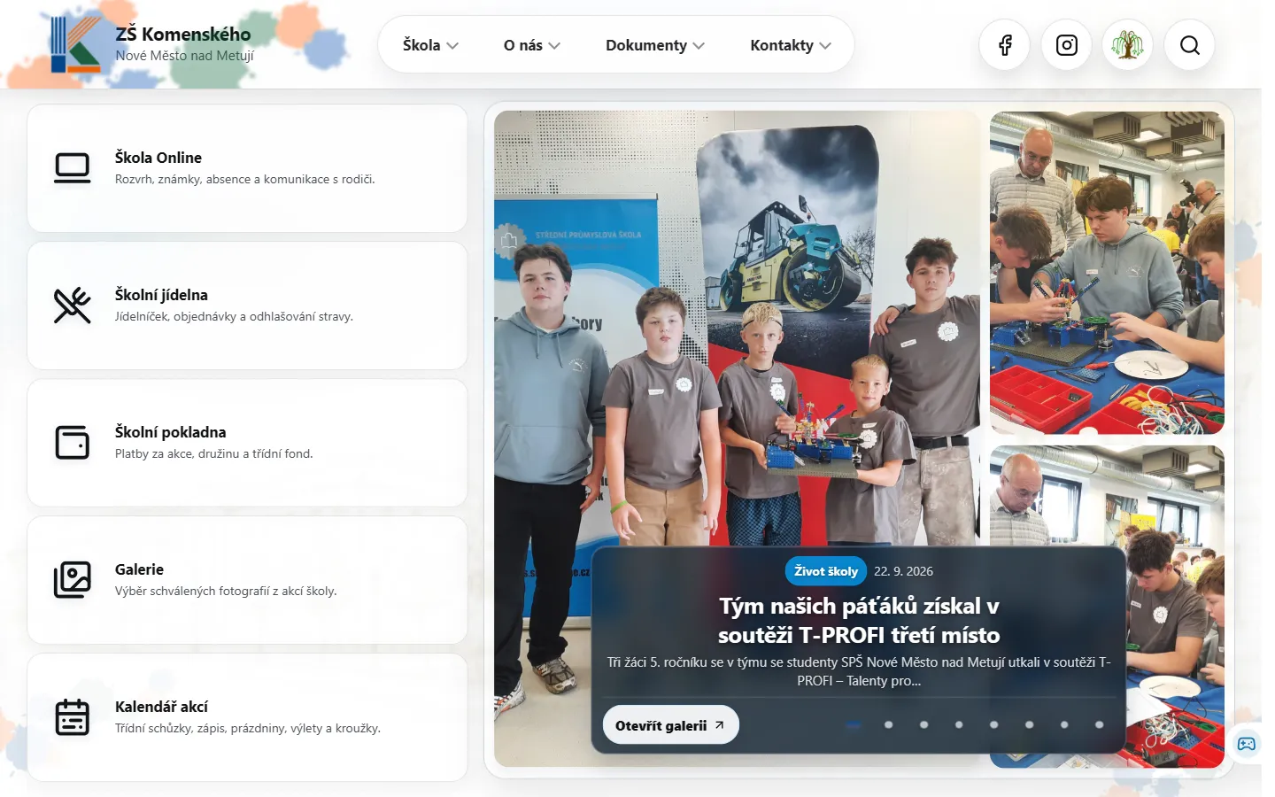 Úvodní stránka webu zskom.cz s rozcestníkem a fotkami z akcí